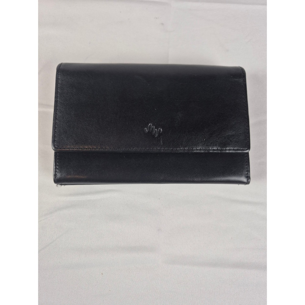 Monsac Black Leather Trifold Wallet Gold Hardware Accordion Zip‎ Pocket